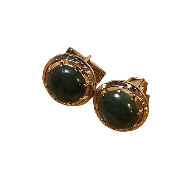 Mid-Century Gold & Green Stone Jade Cuff Links Men’s Accessories - Picture 1 of 6